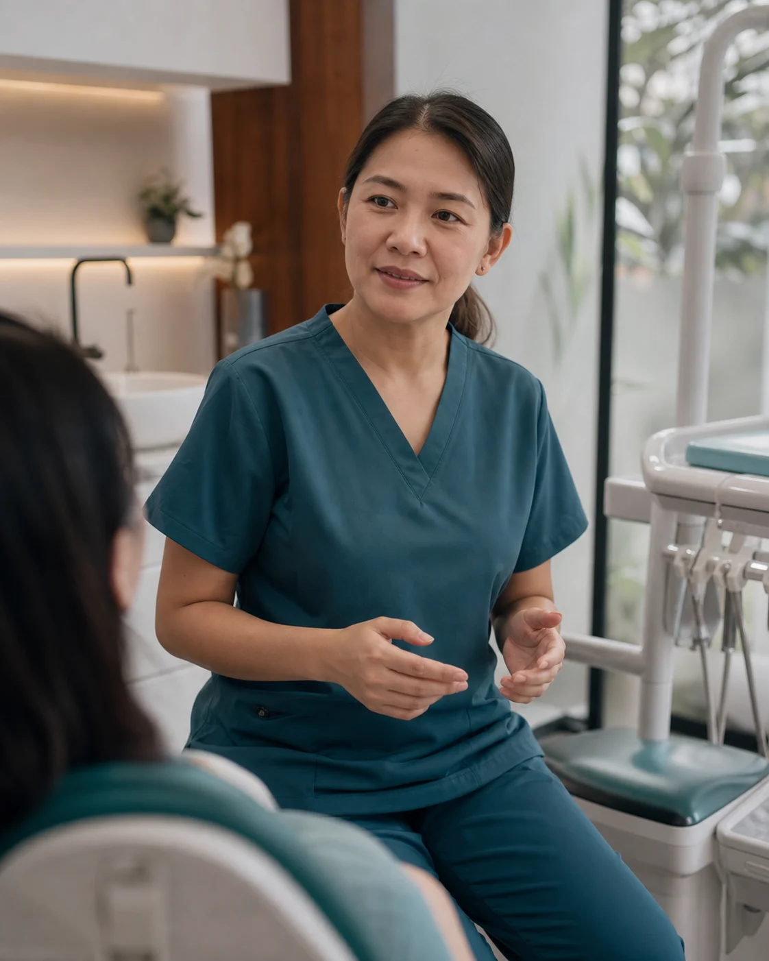 Dental professional speaking calmly with a patient in a bright consultation room