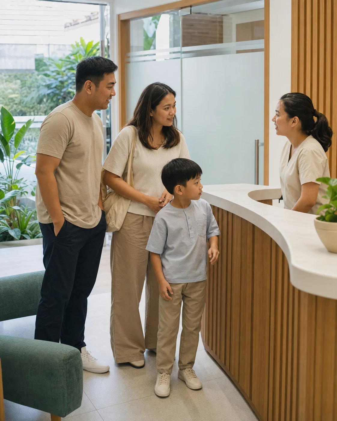 Family being welcomed at a bright dental clinic reception